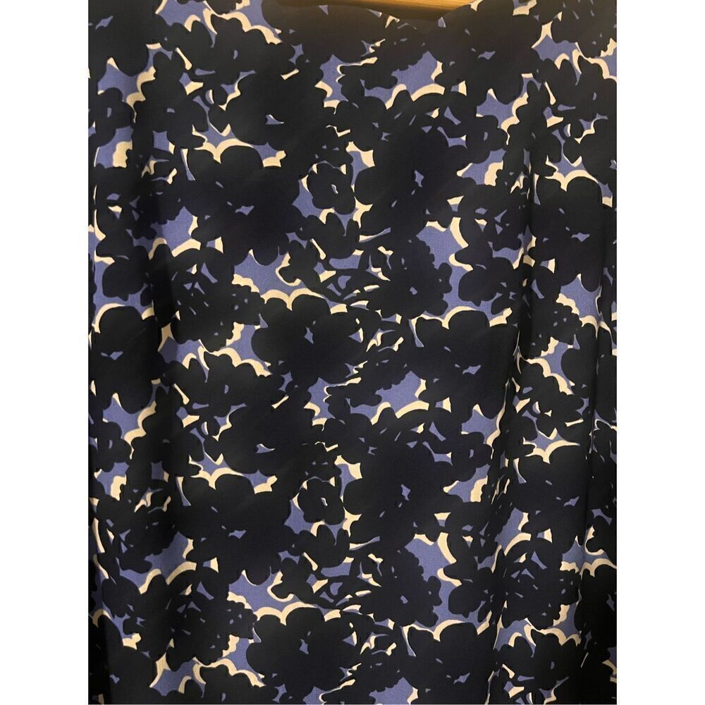 Talbots Women's 10 Scalloped Neck Shift Dress Blue Black Floral 3/4 Bow Sleeves - Picture 8 of 11